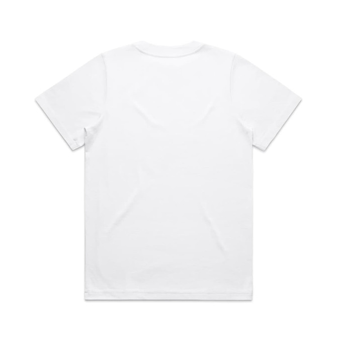 A white T-shirt featuring a standard crew neckline and short sleeves, with a logo on the back.