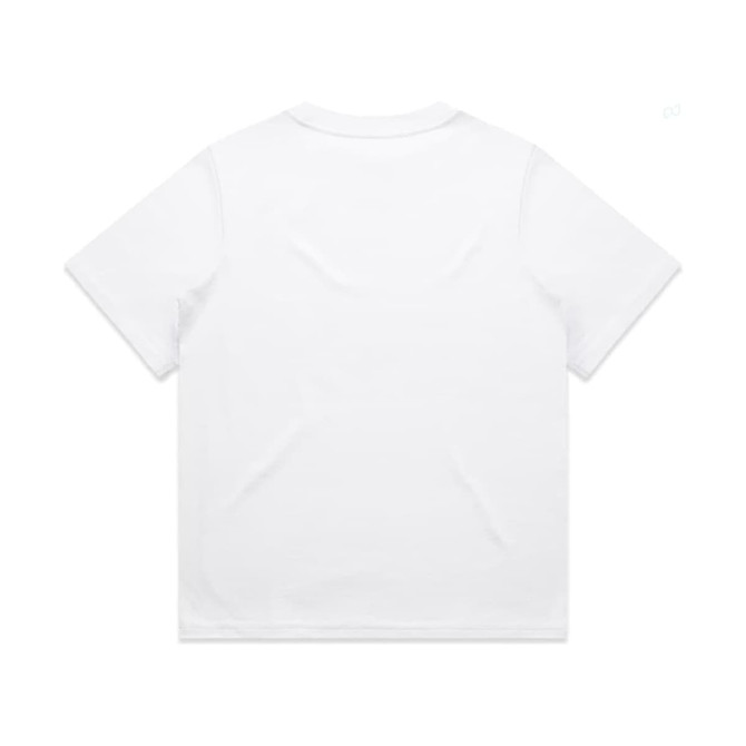 A plain white t-shirt with short sleeves, featuring a logo on the back.