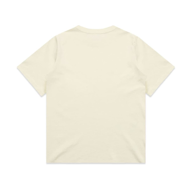 A cream-coloured T-shirt featuring a smooth back surface and a simple design, with a logo present.