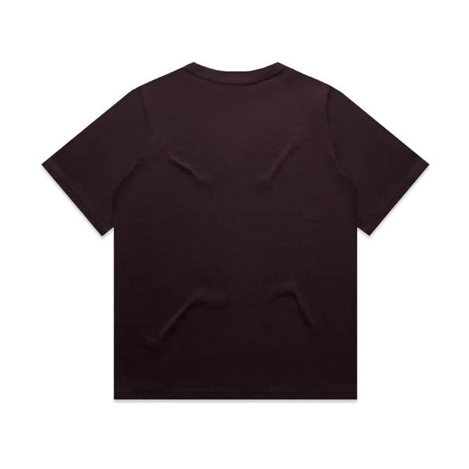 A dark purple t-shirt with a relaxed fit and short sleeves, featuring a branding logo.