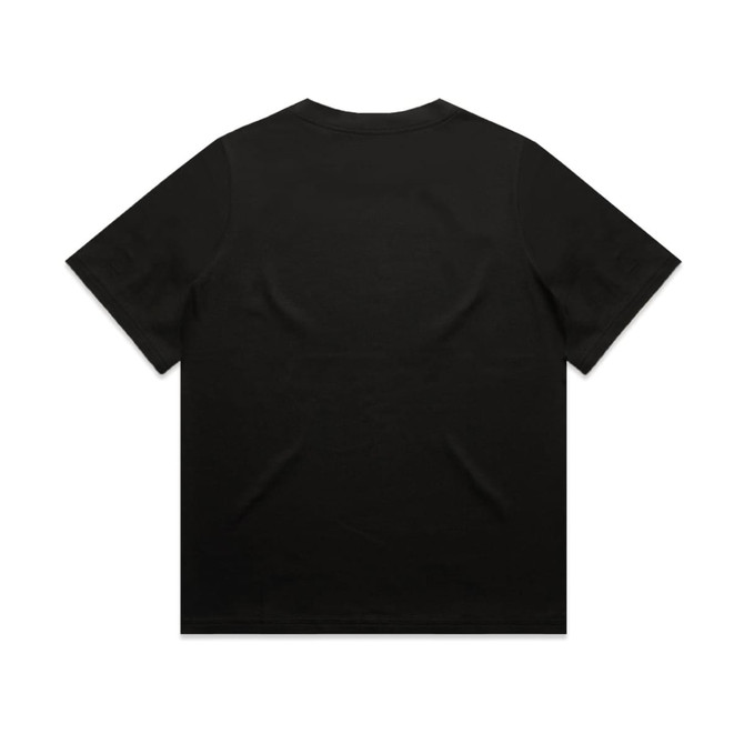 A black t-shirt with short sleeves, featuring a plain back and minimal design. It has a brand logo.