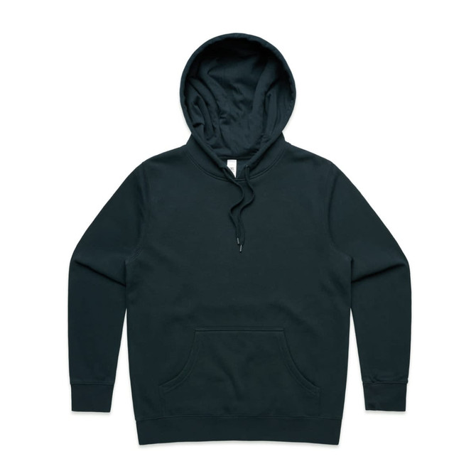 A dark green hoodie featuring a front pocket and a drawstring hood, with a logo on the label.