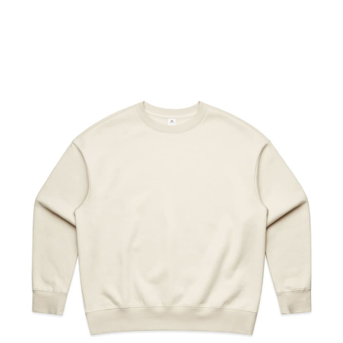 A beige crew jumper featuring long sleeves and a classic design. The garment includes a logo on the interior label.