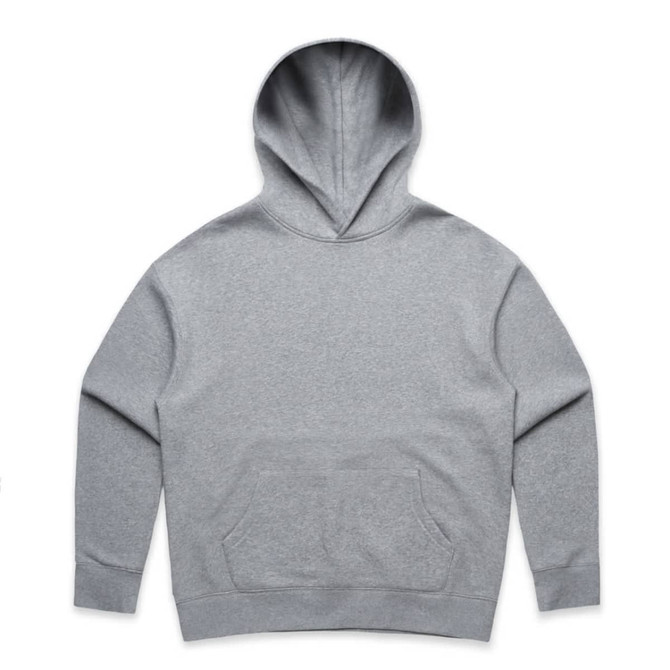 A grey hoodie with a spacious front pocket and a hood, featuring a logo on the front.