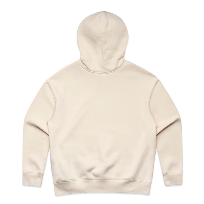 A beige hoodie with a hood, featuring a simple, unadorned back view. It has a logo on the fabric.