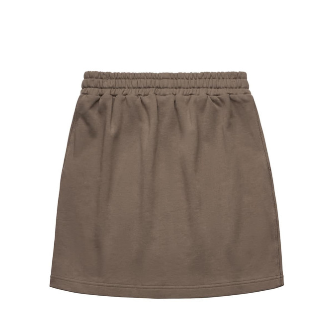 A khaki skirt with an elasticated waistband and a simple, casual design. It features no embellishments or patterns. A khaki skirt with an elasticated waistband and a simple, casual design. It features no embellishments or patterns.