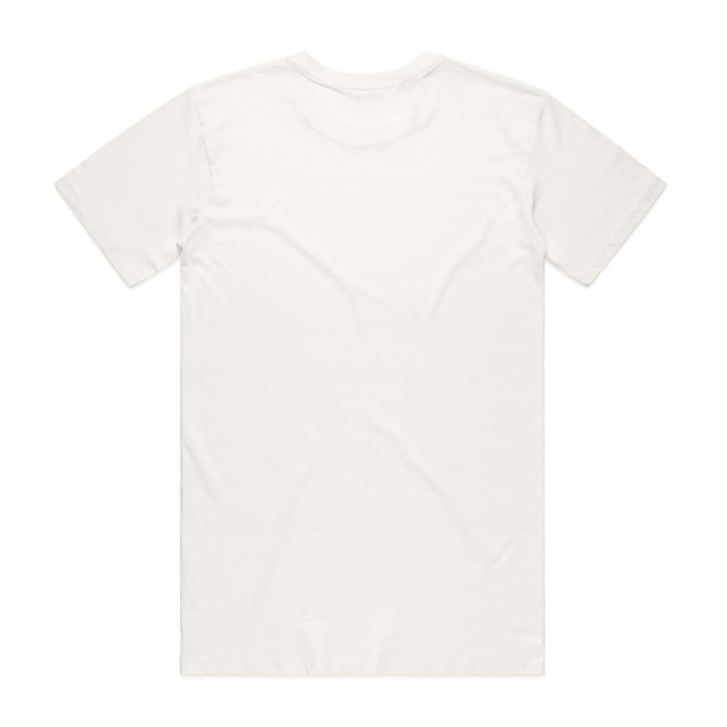 A plain white organic t-shirt with a round neckline and short sleeves, featuring a logo on the back.