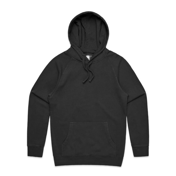 A black hoodie featuring a kangaroo pocket and a hood, with a logo on the front.