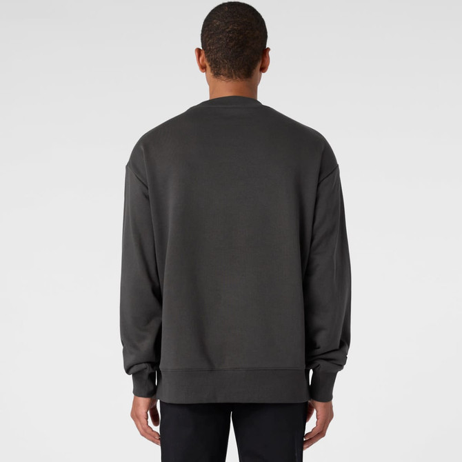 A grey jumper with long sleeves and a relaxed fit, featuring a logo on the back.