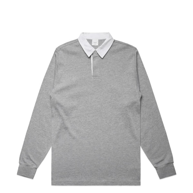 A long-sleeve grey rugby jersey with a white collar and a logo on the chest area.