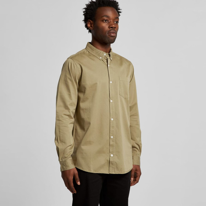 A button-up shirt in olive green with a collar and a single chest pocket, featuring a logo.