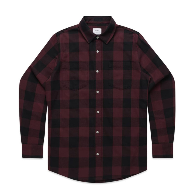 A red and black check shirt with a button-up front, long sleeves, and two chest pockets. Features a logo.