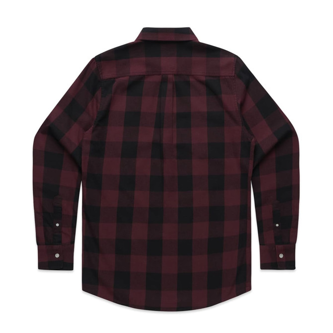 A button-up shirt in burgundy and black check pattern, featuring long sleeves and a back yoke. It has a logo.