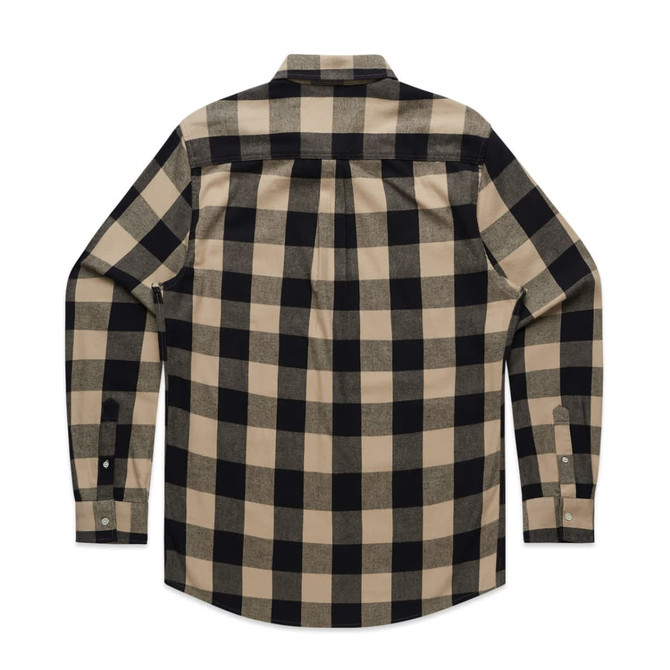 A button-up shirt with a black and beige checkered pattern, featuring a back yoke and long sleeves.