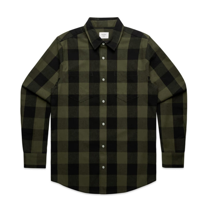 A button-up check shirt featuring a black and olive green plaid pattern, with a collar and two chest pockets.
