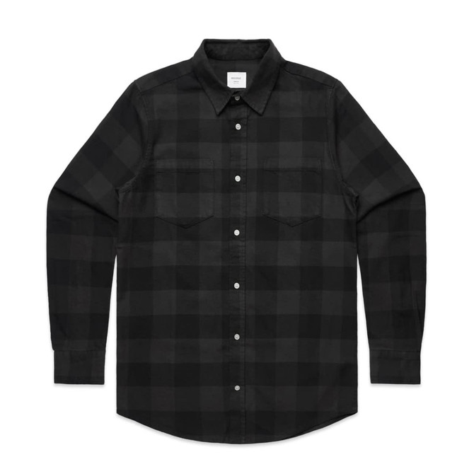 A black check button-up shirt featuring two pockets and a collar. The shirt has a logo on the label.