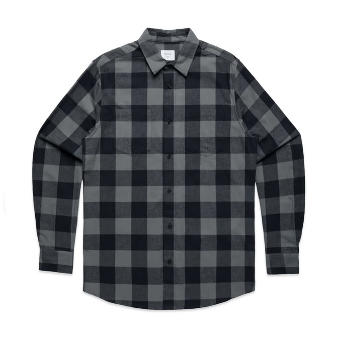 A button-up shirt in black and grey checkered pattern, featuring long sleeves and a collar. Logo present.