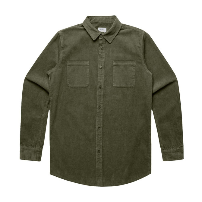 A button-up cord shirt in olive green with two chest pockets and a collared neckline. It features long sleeves and a logo.