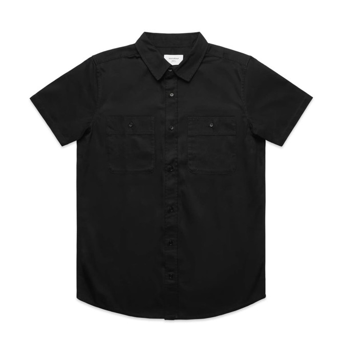 A black short-sleeved work shirt featuring two chest pockets and a collar, with a logo on the label.