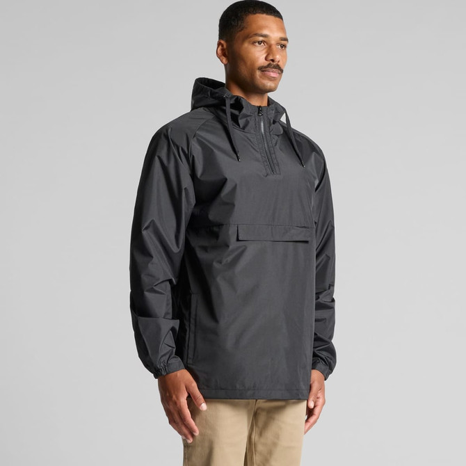 A black windbreaker jacket with a hood, featuring an adjustable drawstring and a front pocket. It has a logo on it.