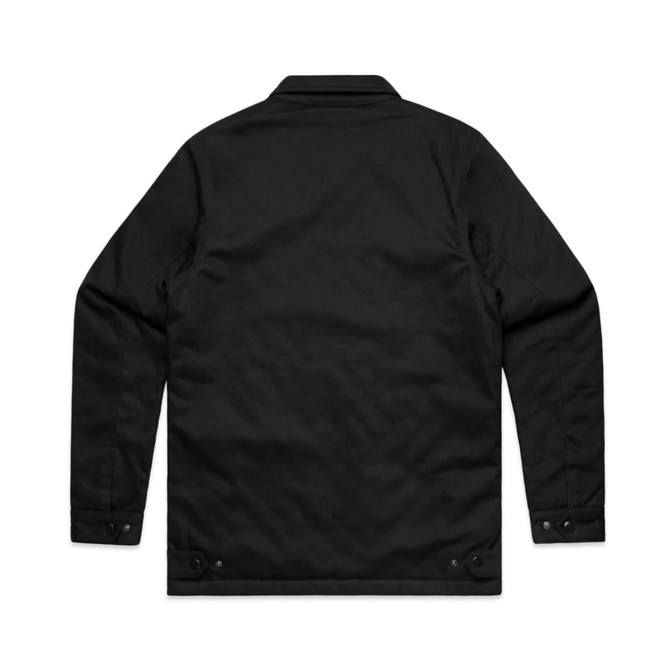 A black service jacket with long sleeves and a collar, featuring fasteners at the cuffs. It has a logo. A black service jacket with long sleeves and a collar, featuring fasteners at the cuffs. It has a logo.