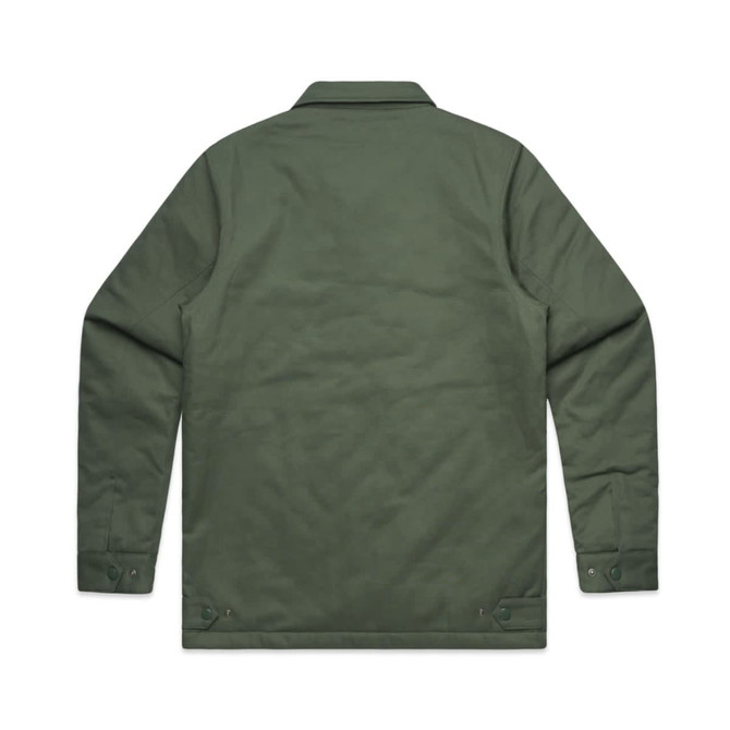 A green service jacket with a simple design, featuring a collar and buttoned cuffs. It has a logo on it. A green service jacket with a simple design, featuring a collar and buttoned cuffs. It has a logo on it.