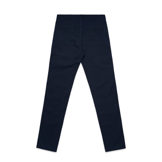 A pair of navy blue slacks with a smooth finish and back pockets, featuring a branding logo. A pair of navy blue slacks with a smooth finish and back pockets, featuring a branding logo.