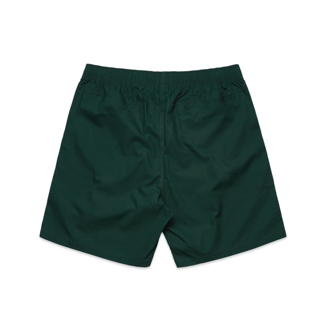 A pair of green beach shorts with an elastic waistband and a simple design, featuring pockets and a logo. A pair of green beach shorts with an elastic waistband and a simple design, featuring pockets and a logo.