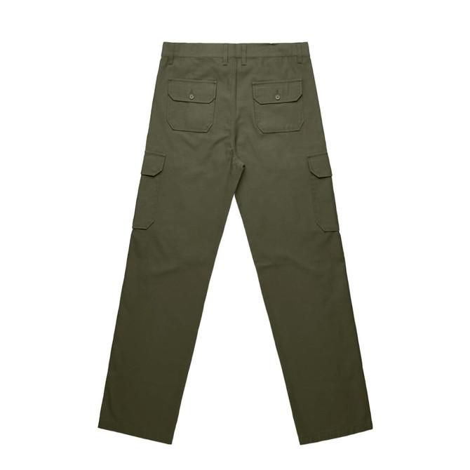 Utility cargo pants in olive green, featuring multiple pockets and a relaxed fit. The design includes a logo.