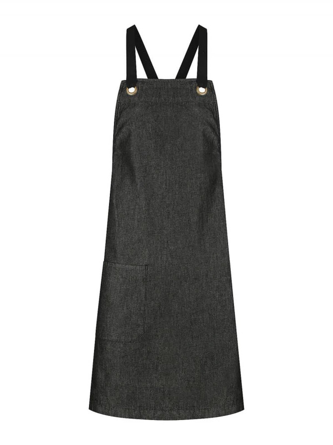 A black bib apron with adjustable straps and a front pocket, featuring metal buttons. A black bib apron with adjustable straps and a front pocket, featuring metal buttons.