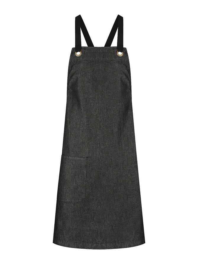 A dark grey bib apron featuring adjustable black straps and a front pocket. It includes a logo on the design.