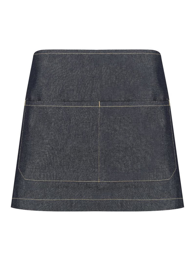 A dark denim short waist apron featuring a front pocket and contrasting stitching. Includes a logo.