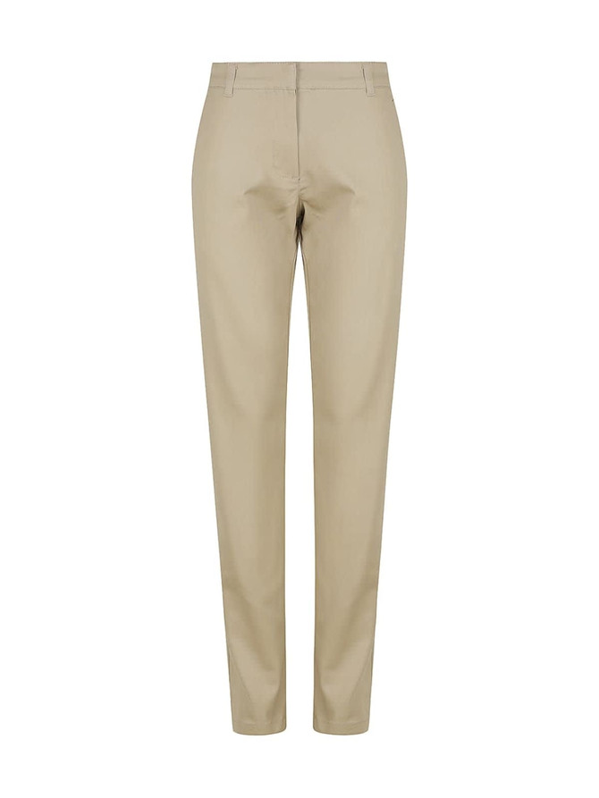A pair of women's chino pants in a light beige colour, featuring a sleek, tailored design and standard waistband.
