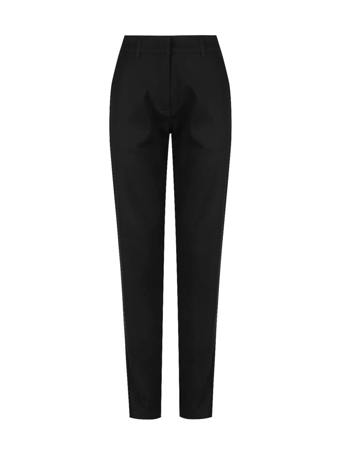A pair of black ladies' chino pants with a tailored fit, featuring pockets and a logo.