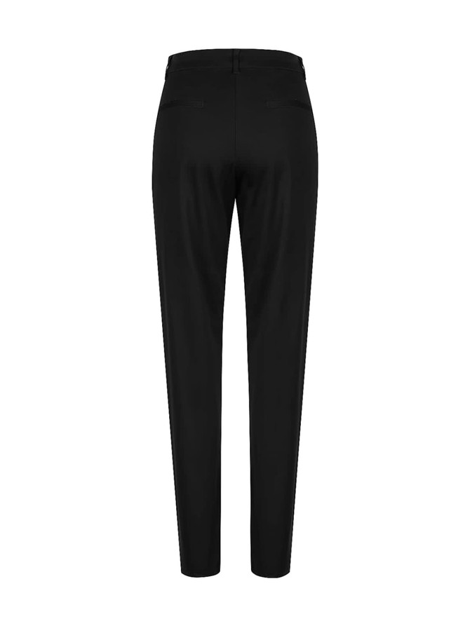 A pair of black ladies' chino pants, featuring a tapered leg and back pockets. Includes a logo on the waistband.