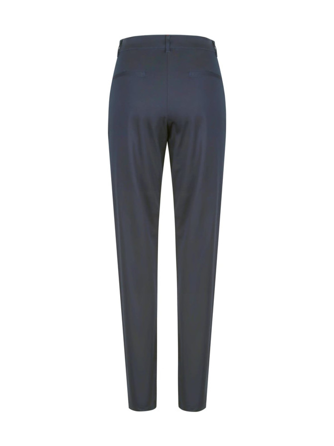 A pair of women's chino pants in dark navy, featuring a fitted design and back pockets.