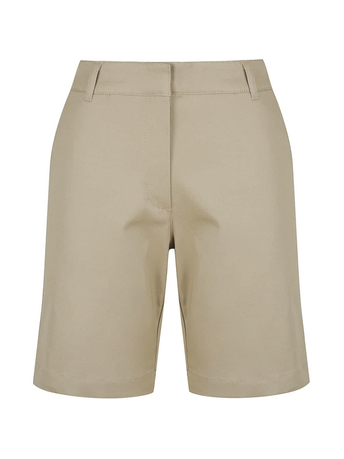 A pair of khaki chino shorts featuring a clean design and front pockets, with a branding logo present.