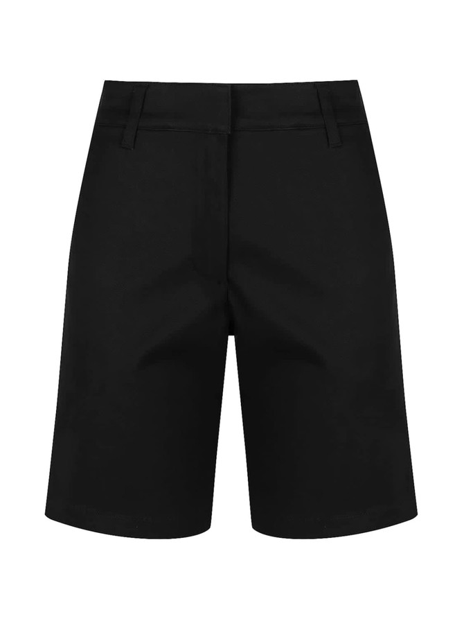 A pair of black chino shorts for women, featuring a simple design and logo on the back.
