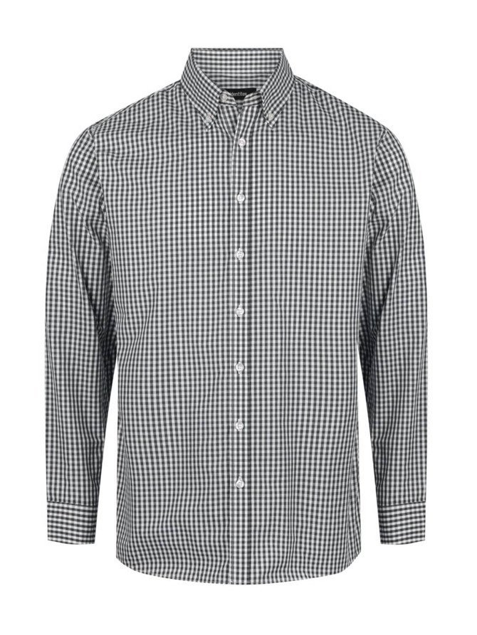 A long sleeve button-up shirt in green and white gingham pattern with a collar and logo.