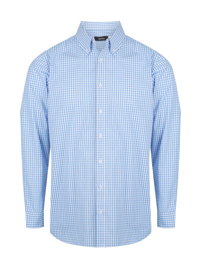 A light blue and white checked button-up shirt with long sleeves and a collar, featuring a logo.