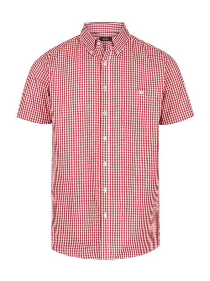 A short sleeve button-up shirt featuring a red and white checkered pattern and a small logo on the chest.