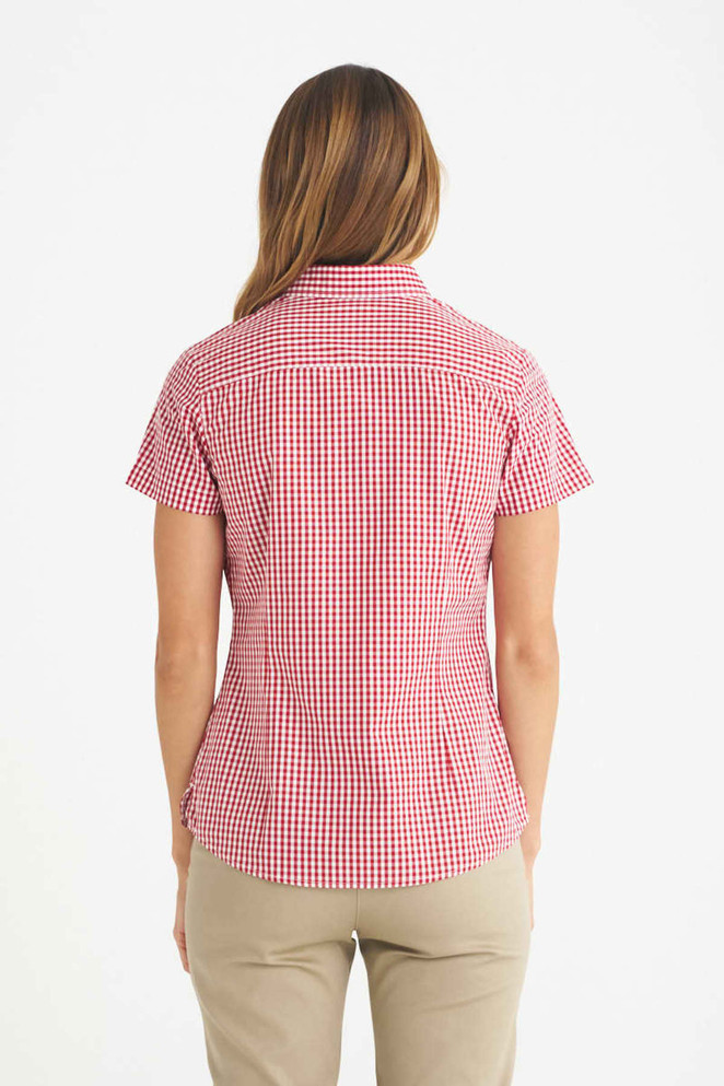 A short sleeve ladies shirt in a red and white gingham pattern, featuring a fitted design and a collar.