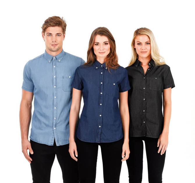 A group of three models wearing button-up shirts in light blue, dark blue, and black, each featuring a logo.