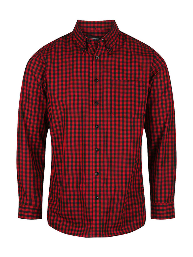 A red and black checkered long sleeve button-up shirt featuring a collar and a logo.