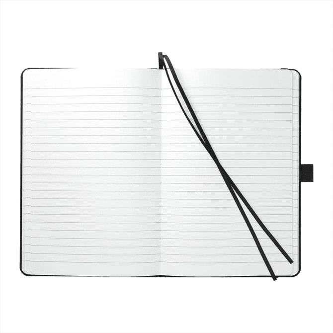 A black recycled marine bound journal with lined pages and a ribbon bookmark, featuring a logo on the cover.