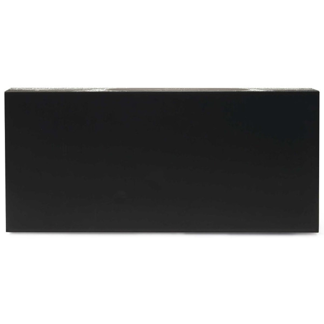 A rectangular black box with a glossy finish, featuring a logo on one side.