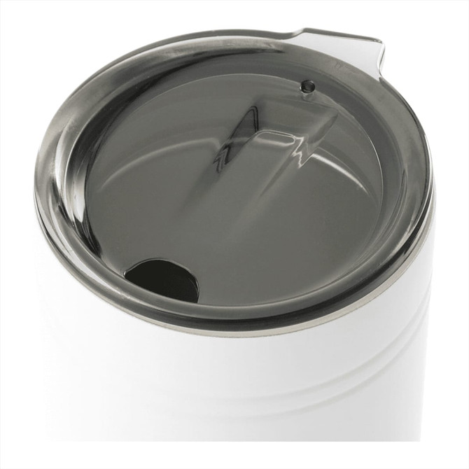 A drink bottle with a silver lid and a white body, featuring a small drinking opening and a logo.