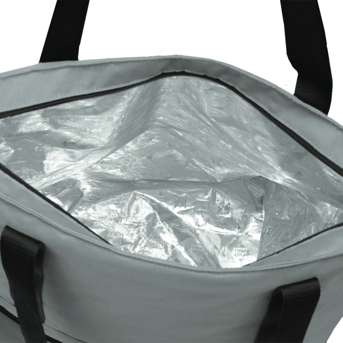 A grey cooler bag with a silver insulated interior and black handles, featuring a zip closure.