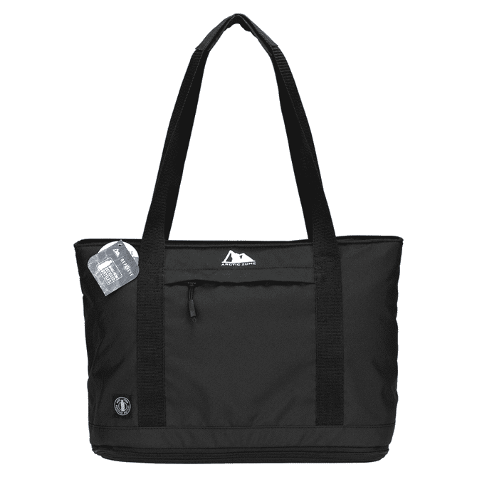 A black expandable cooler bag with dual handles and a logo, featuring a zippered pocket on the front.