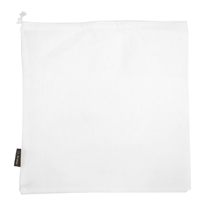 A white drawstring bag with a textured surface and a small logo tag, suitable for storage or carrying items.